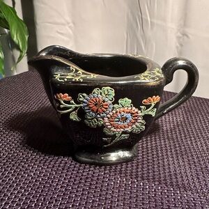 Tashiro Shorten Black Glazed Pottery Creamer Floral Enameled~Vintage Japan